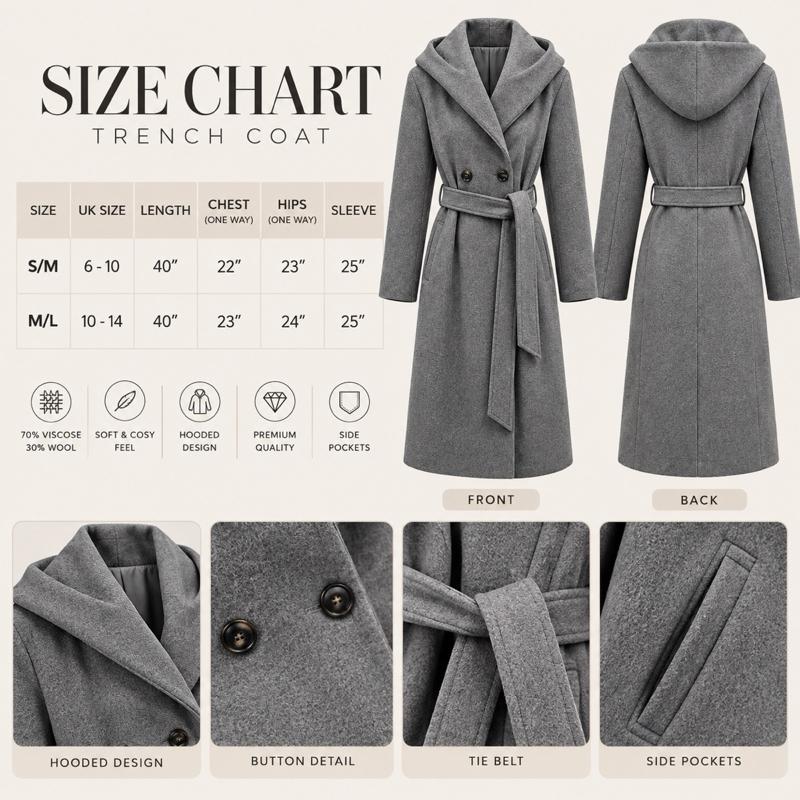 MV - Premium Hooded Wool Blend Trench Coat – Belted, fully lined Coat with Pockets
