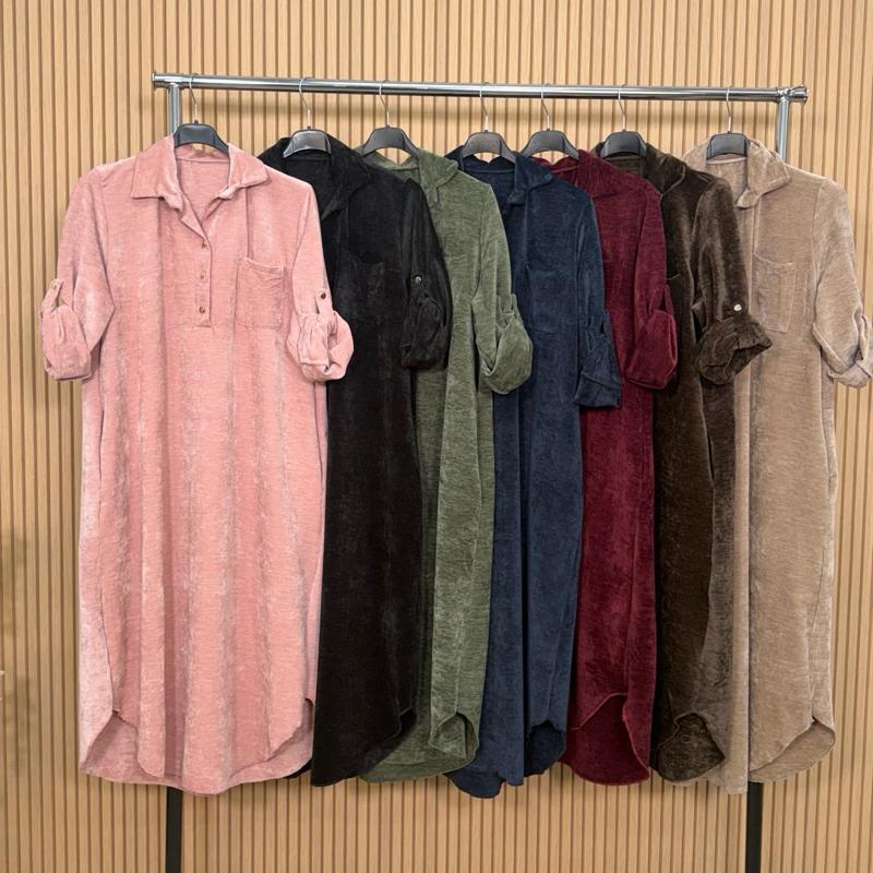 MV - Velvet Feel 3-Button Maxi Shirt Dress with Pockets & Adjustable Sleeves (8-16)