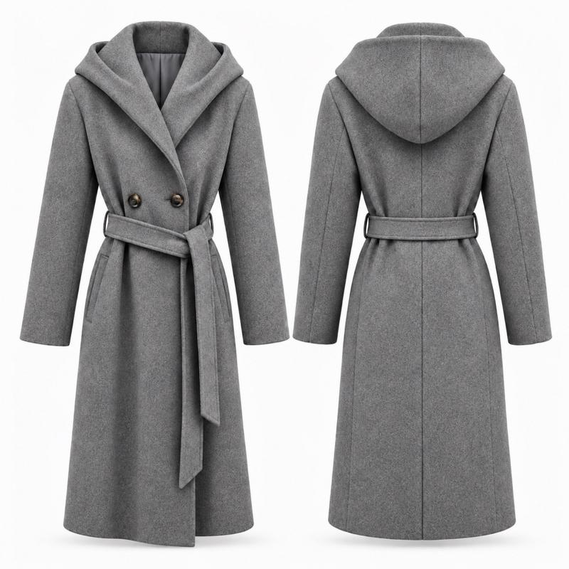 MV - Premium Hooded Wool Blend Trench Coat – Belted, fully lined Coat with Pockets