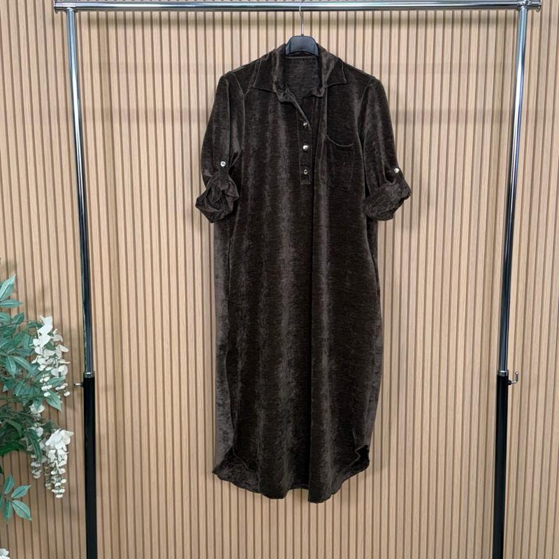 MV - Velvet Feel 3-Button Maxi Shirt Dress with Pockets & Adjustable Sleeves (8-16)