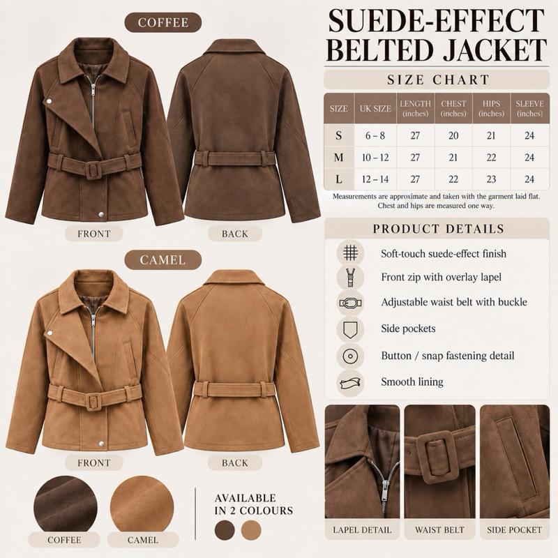 MV - Suede-Effect Zip Belted Jacket with Pockets (S•M•L)