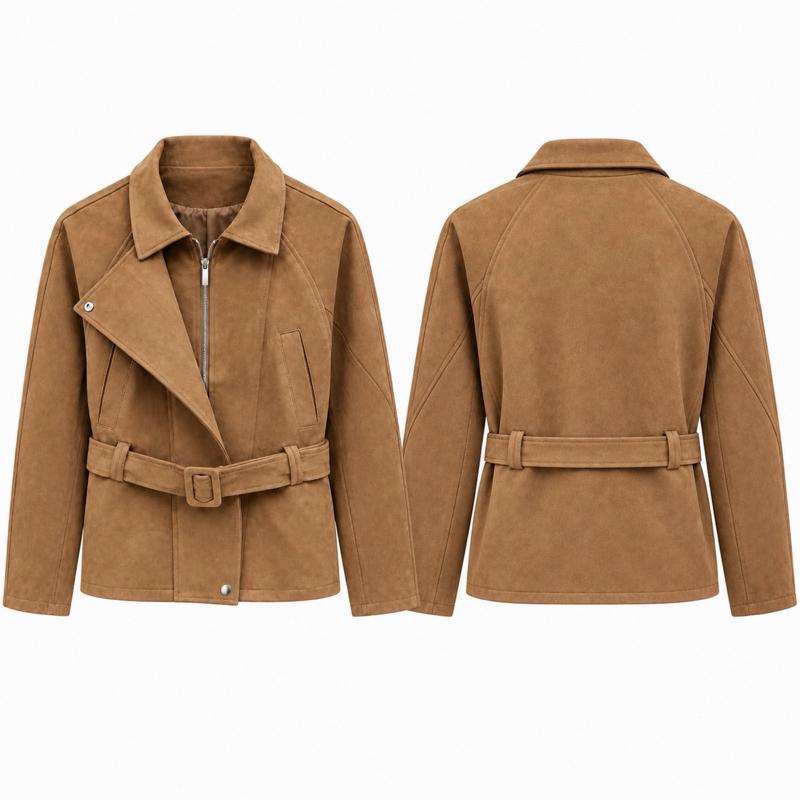 MV - Suede-Effect Zip Belted Jacket with Pockets (S•M•L)