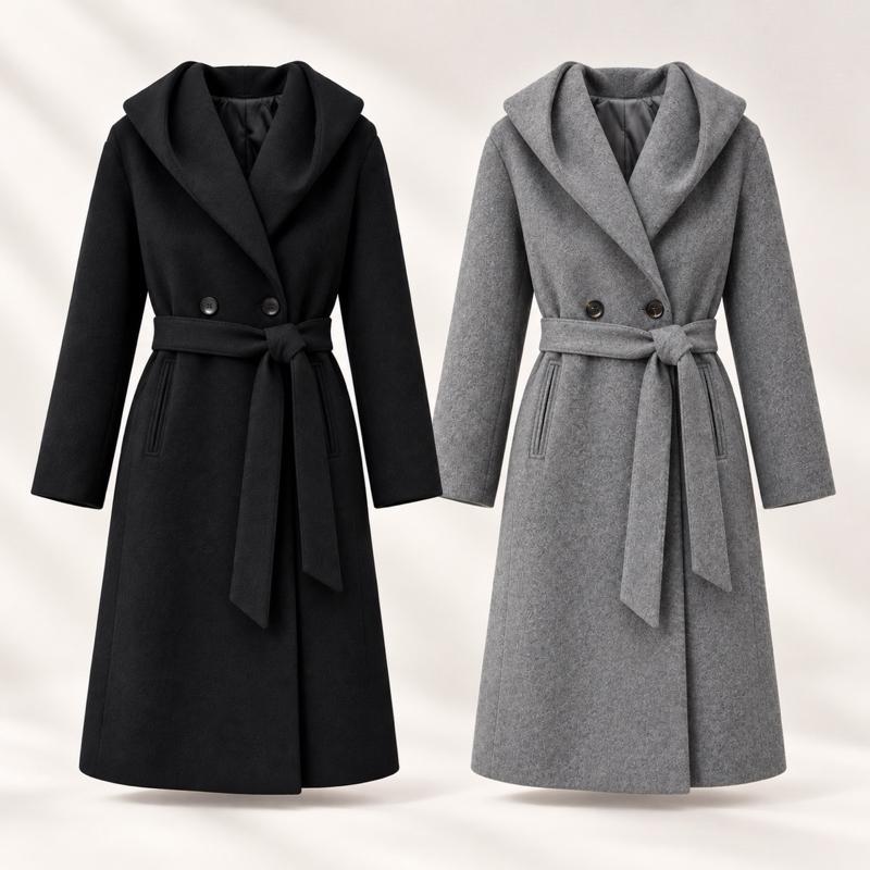 MV - Premium Hooded Wool Blend Trench Coat – Belted, fully lined Coat with Pockets