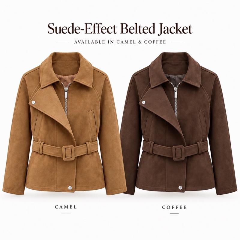 MV - Suede-Effect Zip Belted Jacket with Pockets (S•M•L)