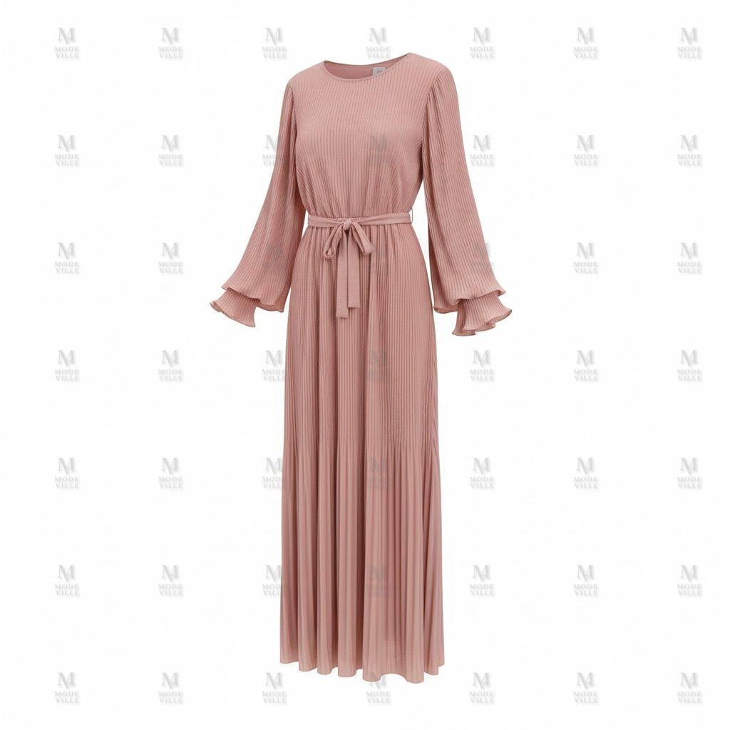 Pleated Belted Maxi Dress - Modest Long Sleeve Dress
