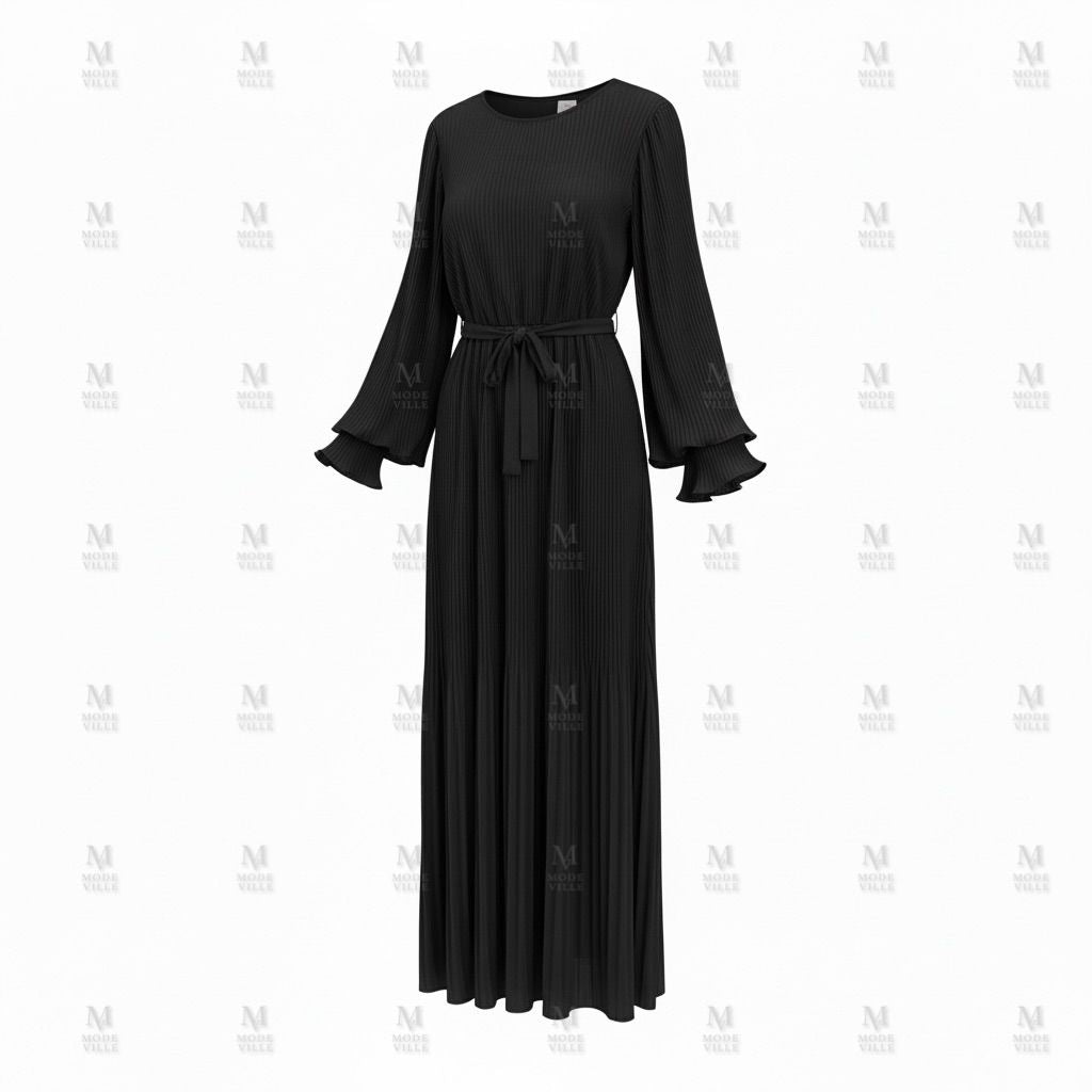 Pleated Belted Maxi Dress - Modest Long Sleeve Dress