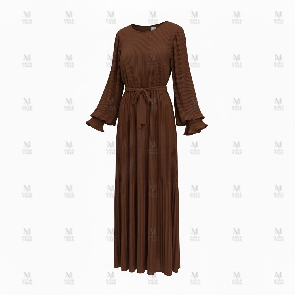 Pleated Belted Maxi Dress - Modest Long Sleeve Dress