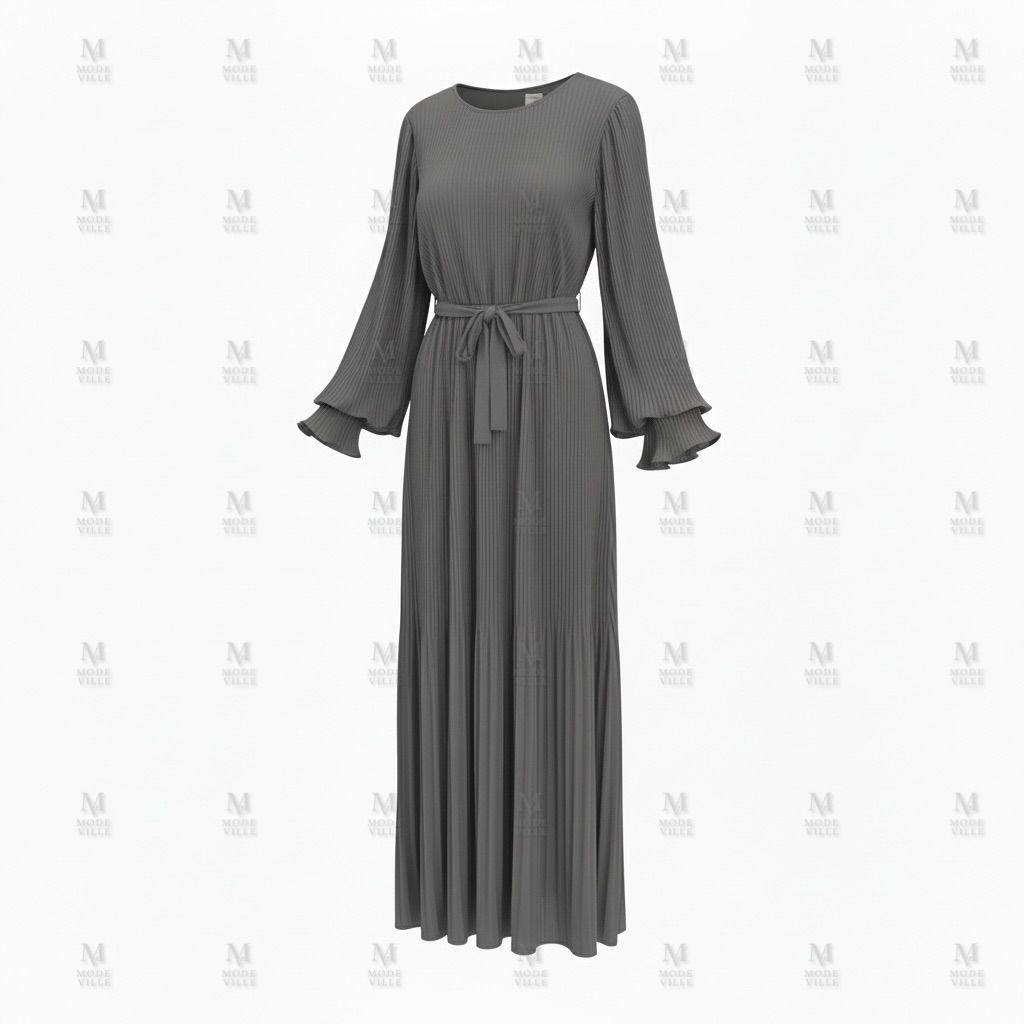 Pleated Belted Maxi Dress - Modest Long Sleeve Dress