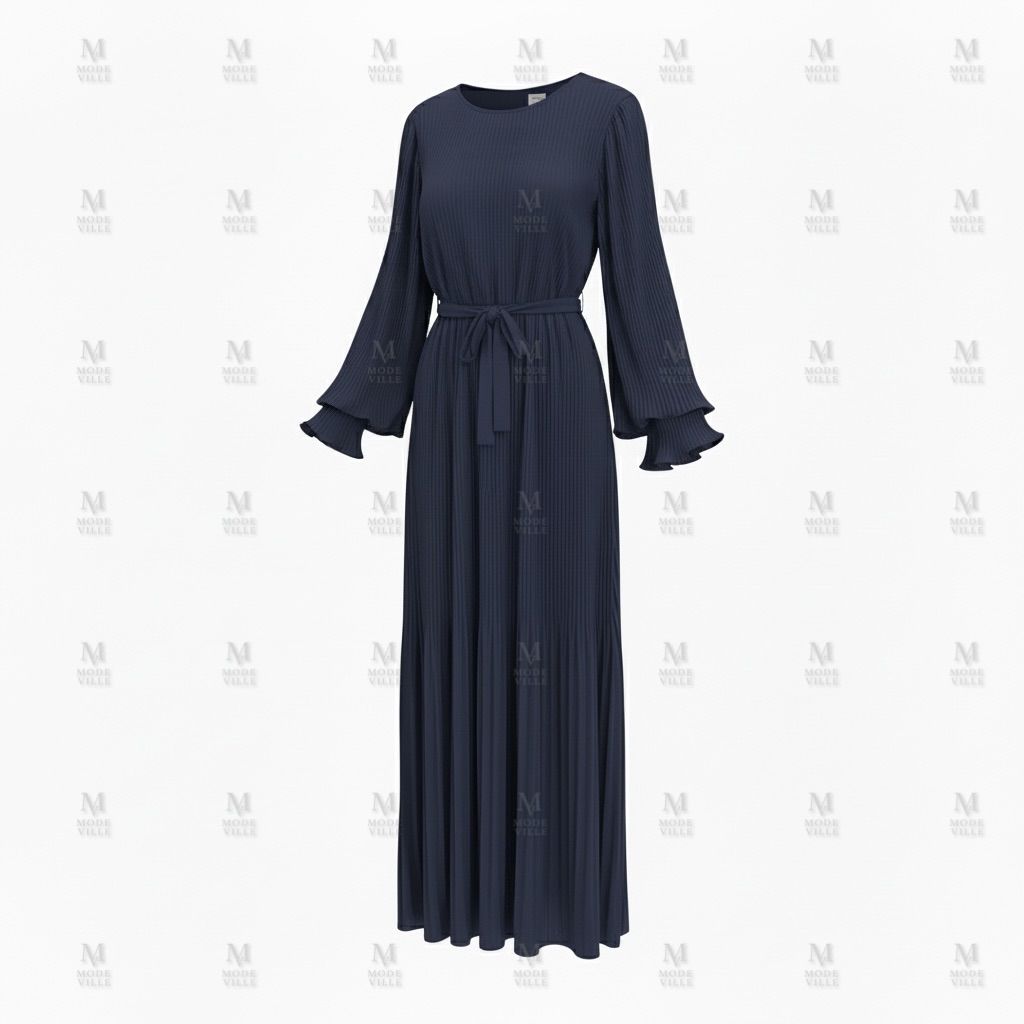 Pleated Belted Maxi Dress - Modest Long Sleeve Dress
