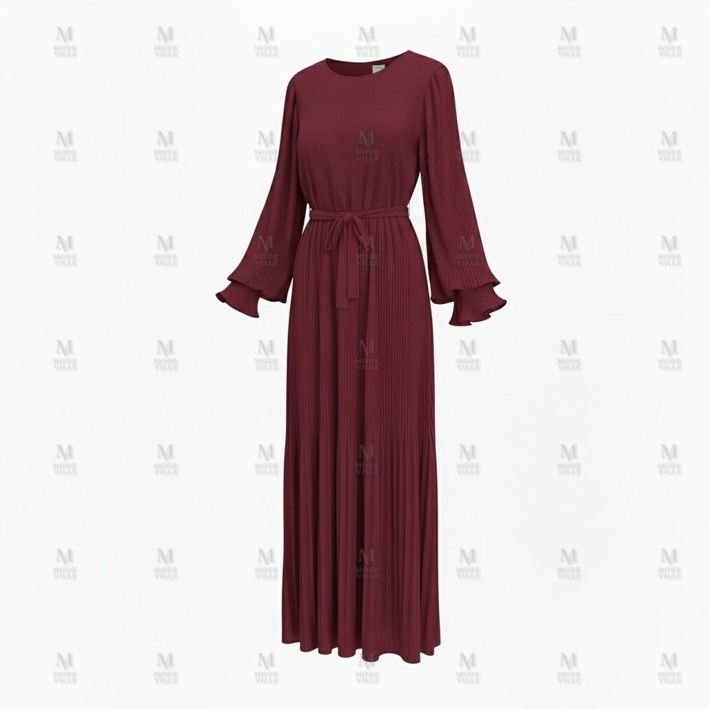 Pleated Belted Maxi Dress - Modest Long Sleeve Dress
