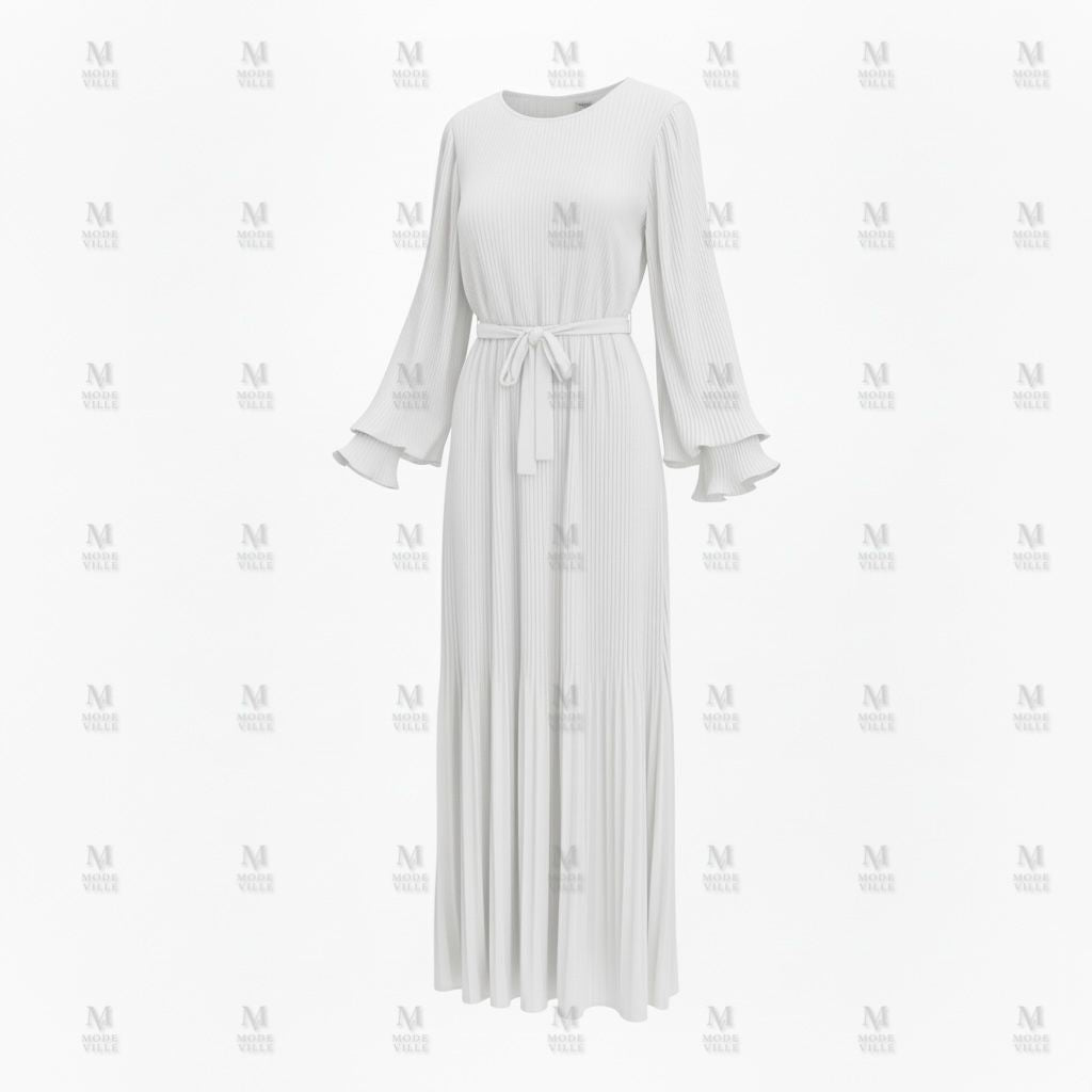Pleated Belted Maxi Dress - Modest Long Sleeve Dress