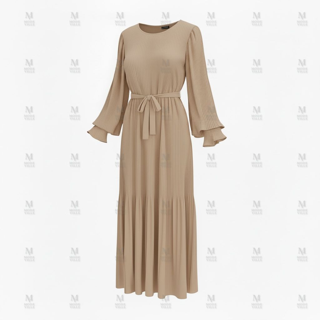 Pleated Belted Maxi Dress - Modest Long Sleeve Dress