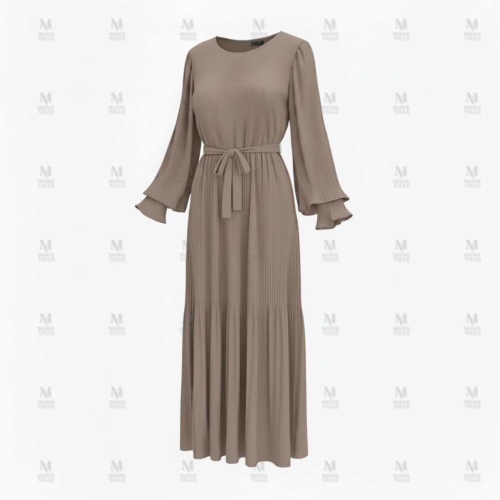 Pleated Belted Maxi Dress - Modest Long Sleeve Dress