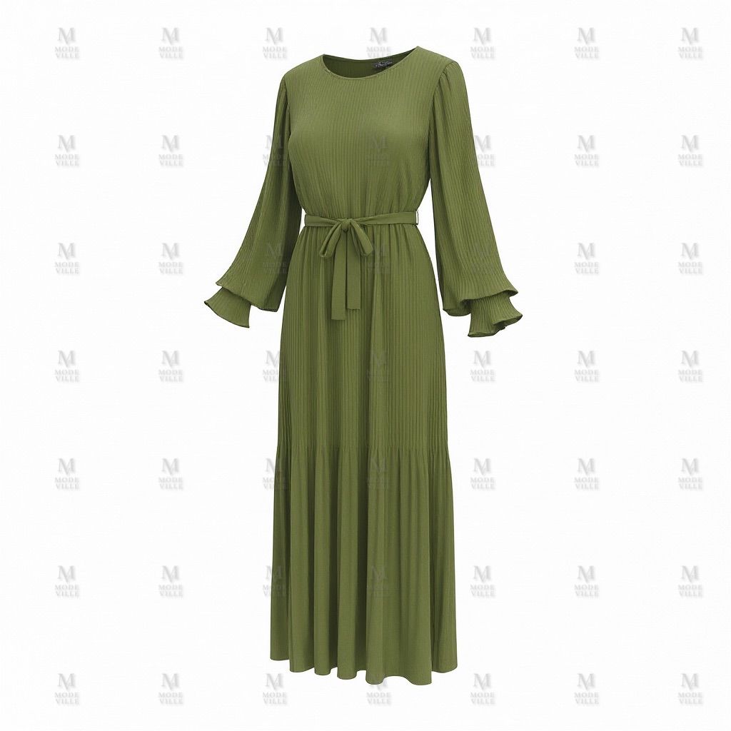 Pleated Belted Maxi Dress - Modest Long Sleeve Dress