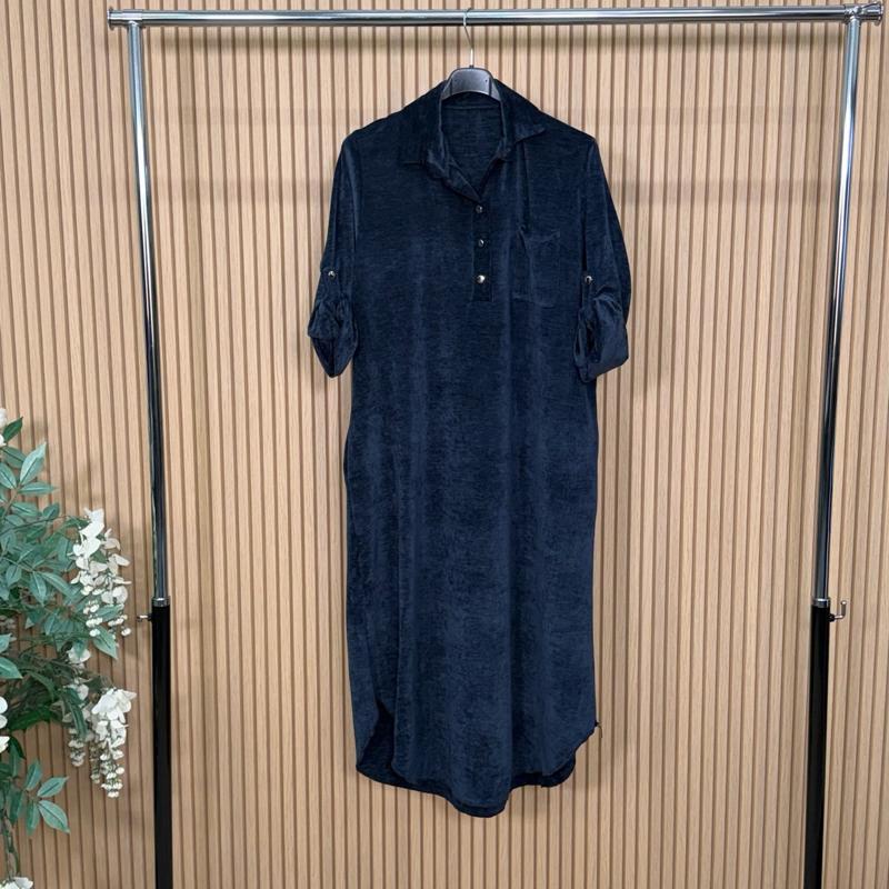 MV - Velvet Feel 3-Button Maxi Shirt Dress with Pockets & Adjustable Sleeves (8-16)