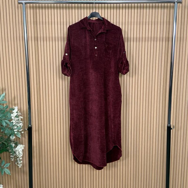 MV - Velvet Feel 3-Button Maxi Shirt Dress with Pockets & Adjustable Sleeves (8-16)