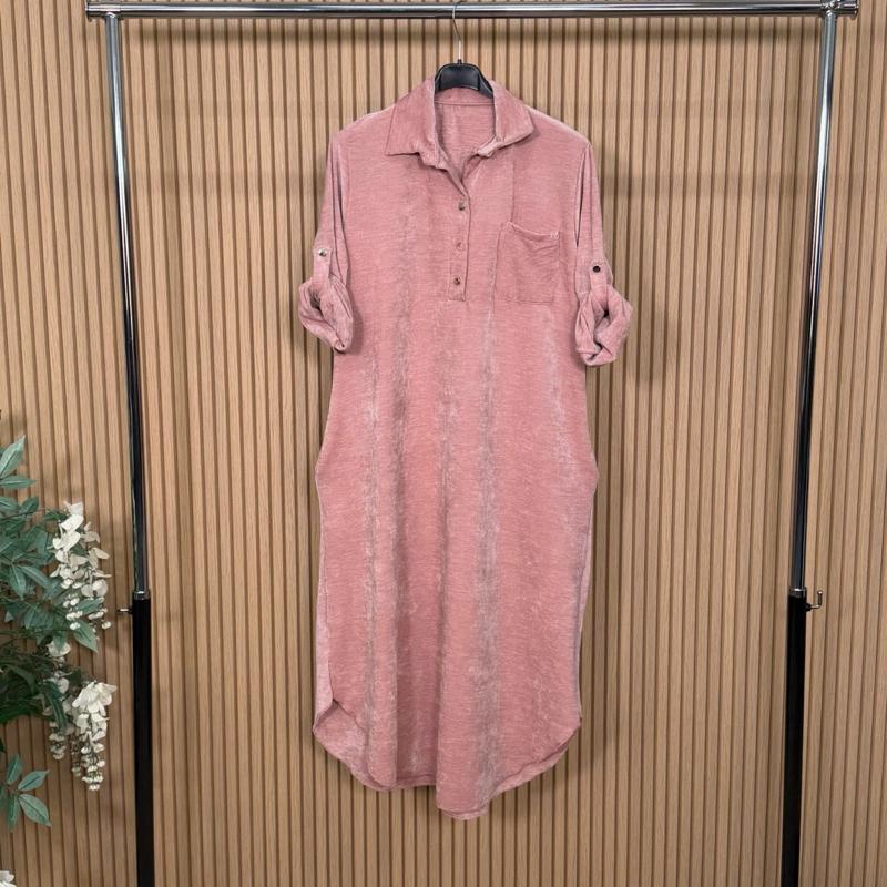 MV - Velvet Feel 3-Button Maxi Shirt Dress with Pockets & Adjustable Sleeves (8-16)